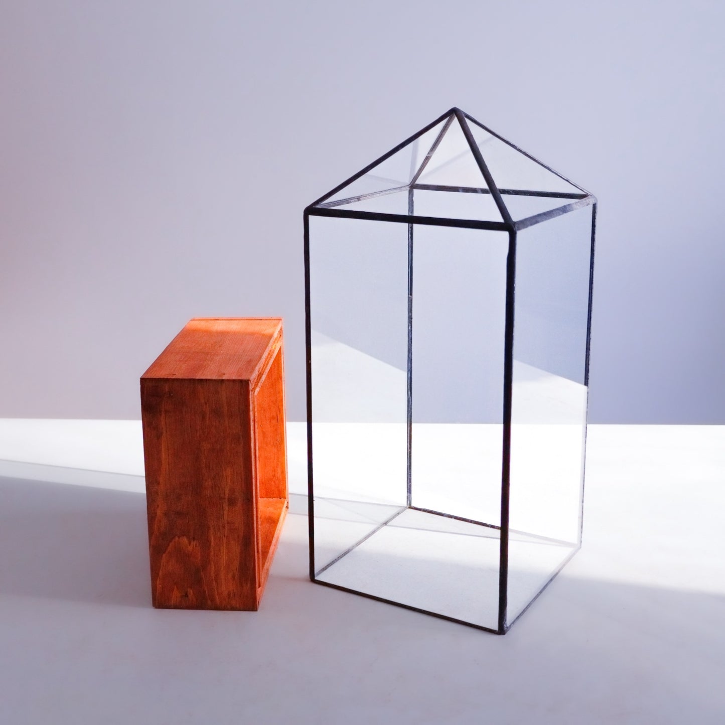A tall glass terrarium with a wood base handmade in Michigan, USA.