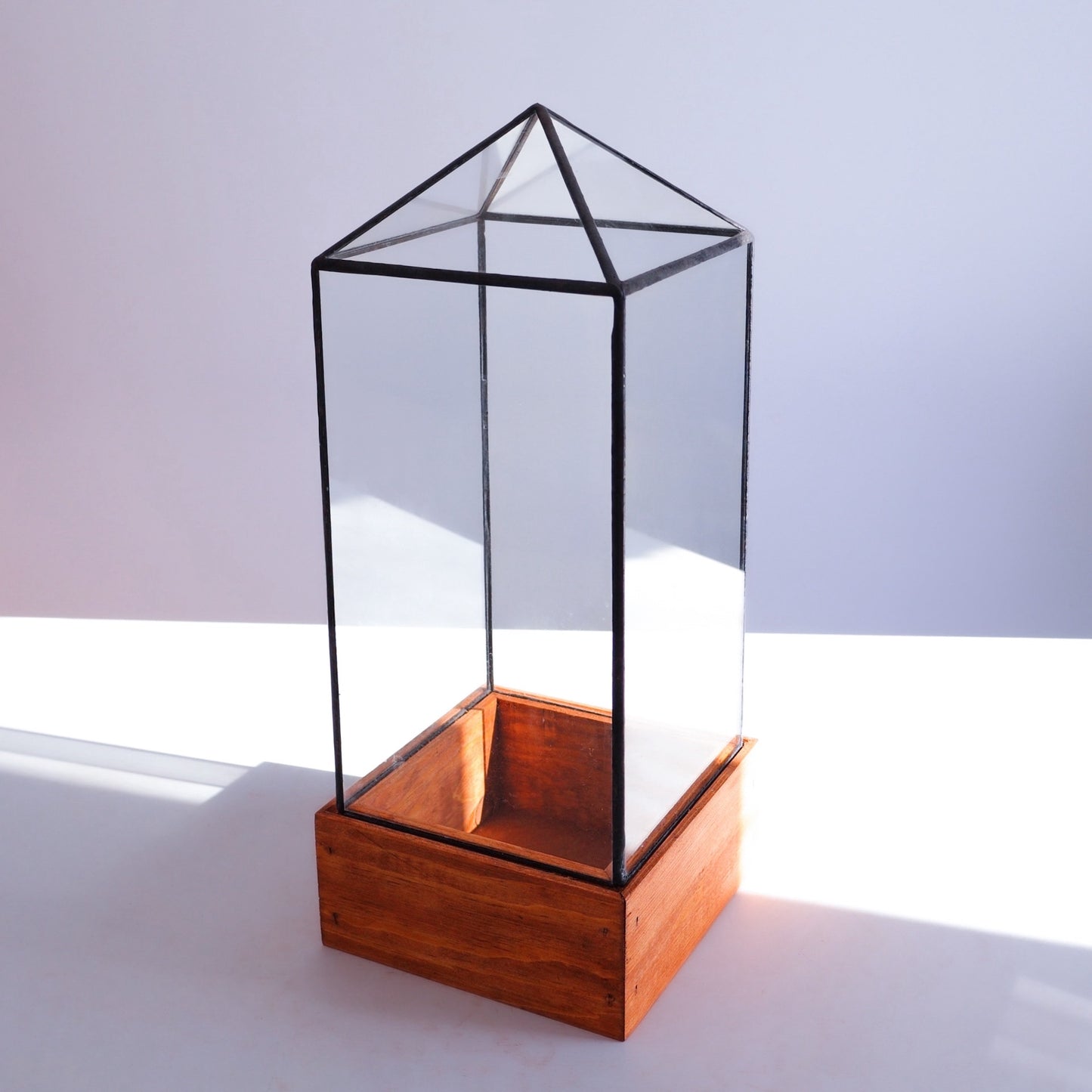 A glass terrarium for plants and display and made from stained glass