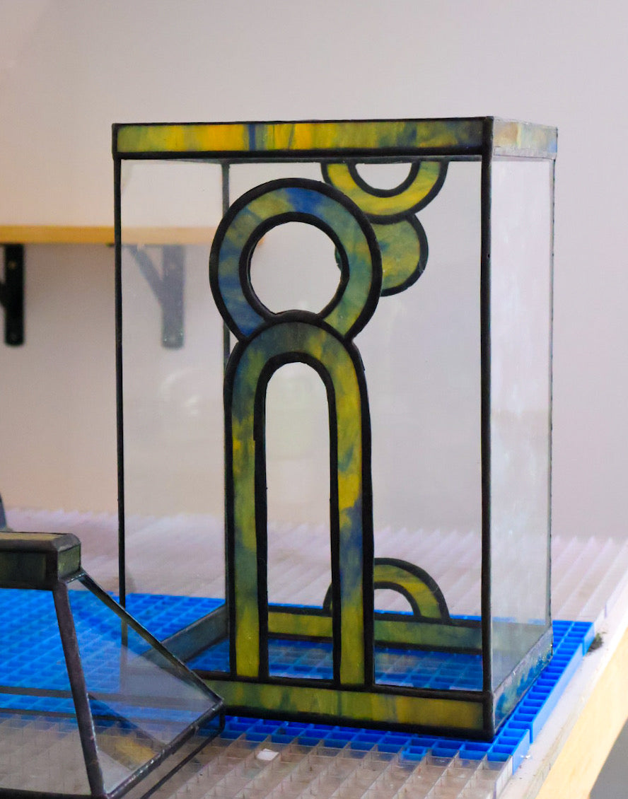 Arch and Disc Green/Blue/Amber Stained Glass Terrarium