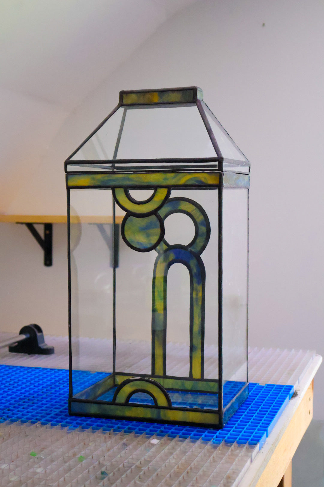 Arch and Disc Green/Blue/Amber Stained Glass Terrarium