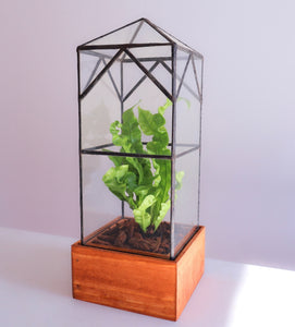 A stained glass terrarium that has been planted with a fern.