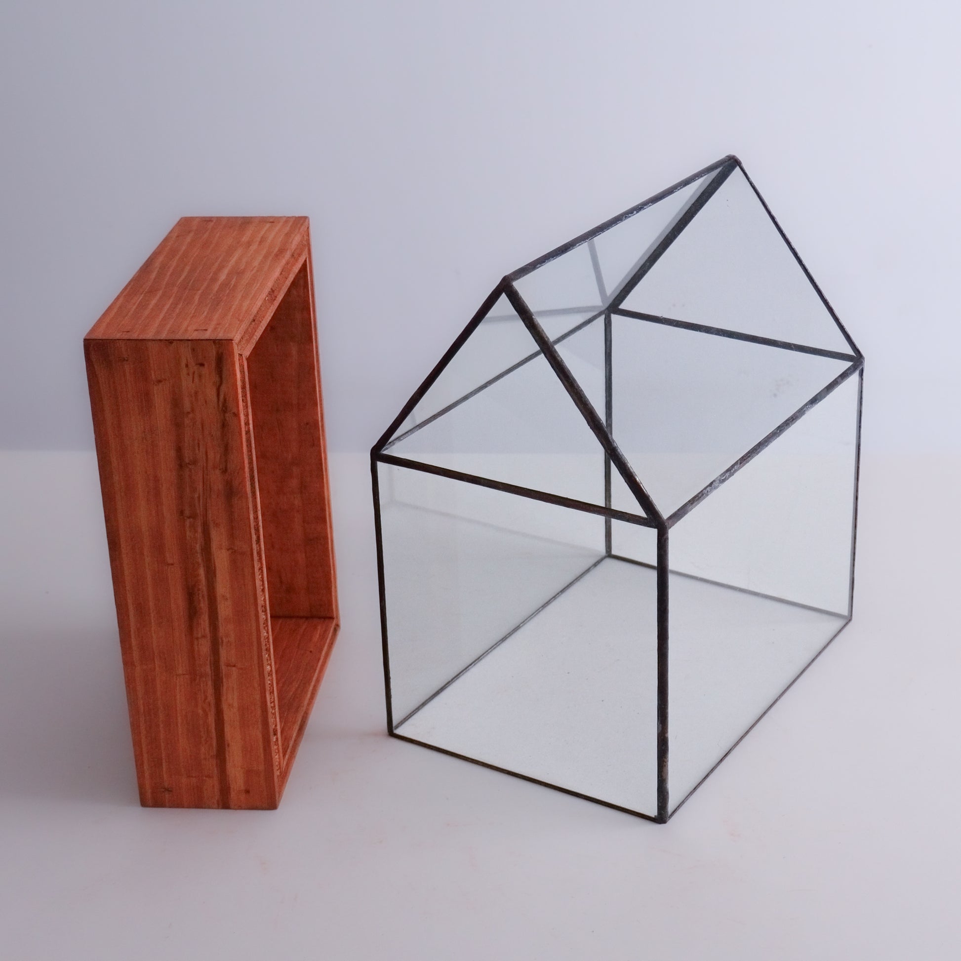 A handmade terrarium with a handcrafted wooden base.