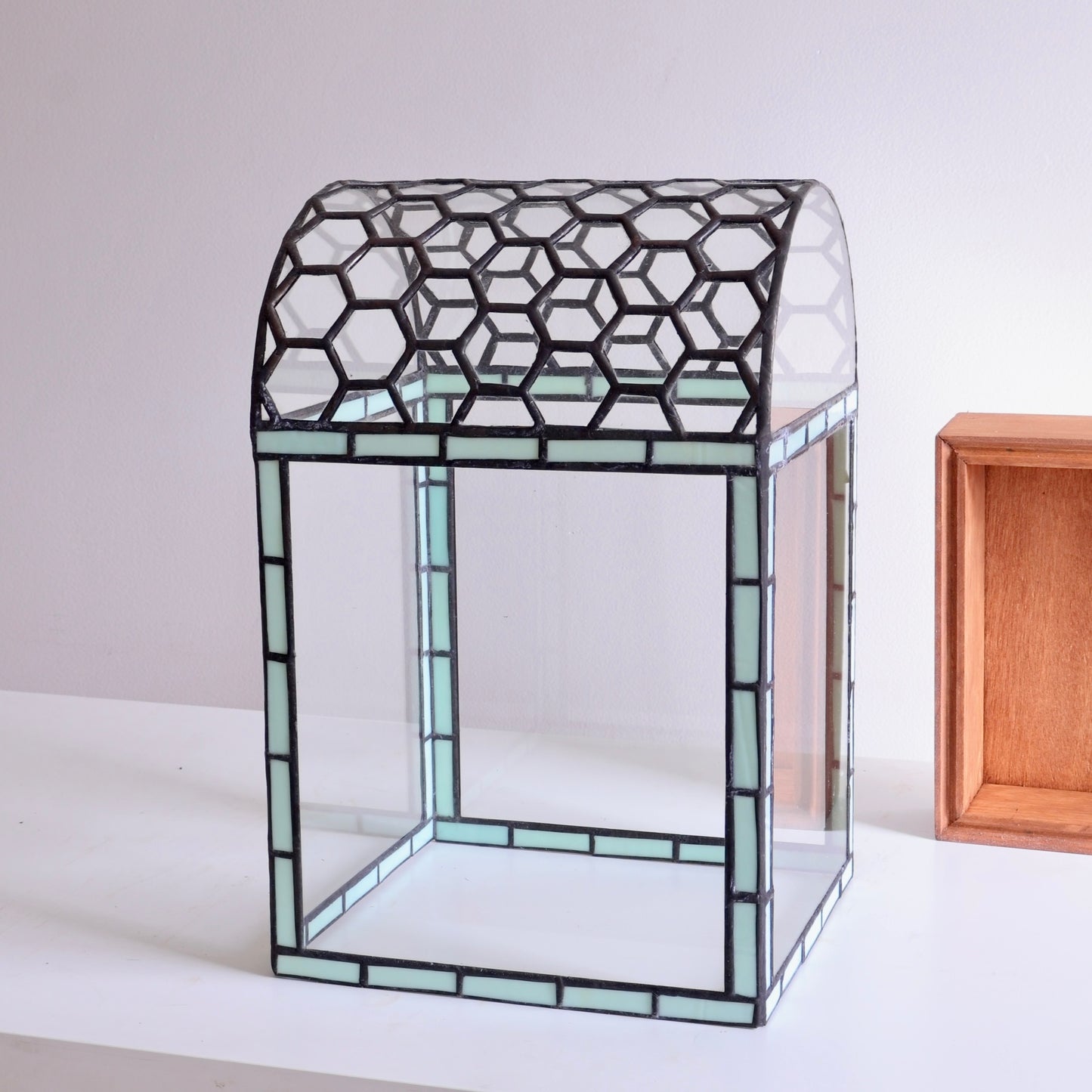 Large glass terrarium with geometric honeycomb pattern on a white surface sitting next to wood base