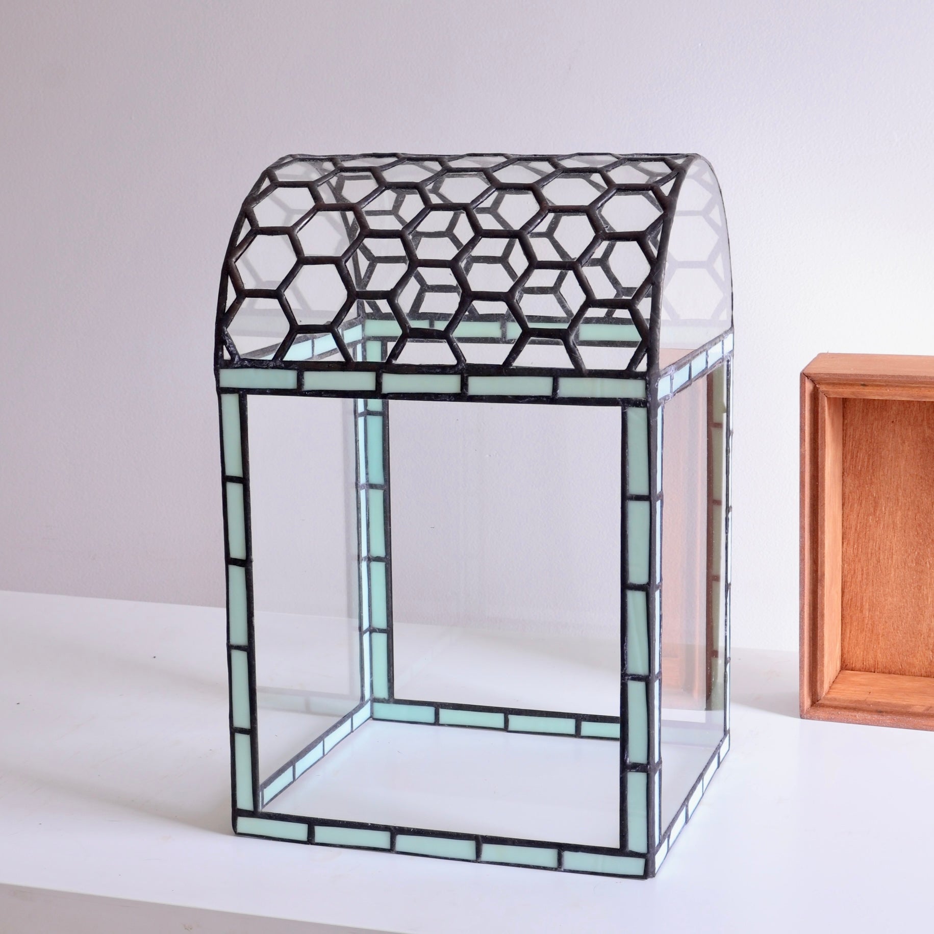 Large glass terrarium with geometric honeycomb pattern on a white surface sitting next to wood base